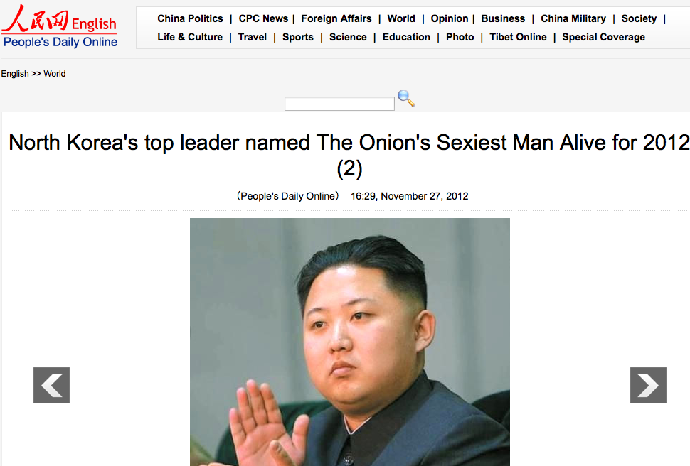 A screenshot of a People's Daily Online news article headline stating 'North Korea's top leader named The Onion's Sexiest Man Alive for 2012' with a photograph of Kim Jong Un below it.