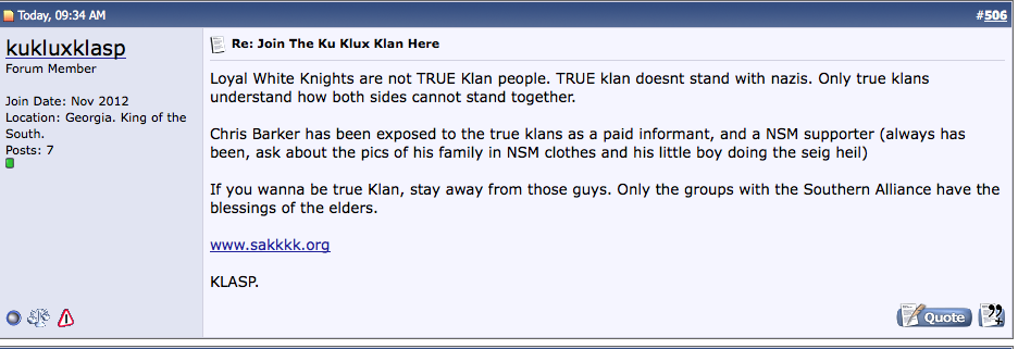 A screenshot of an online forum post by user 'kukluxklasp' regarding internal Ku Klux Klan disputes, specifically targeting Chris Barker and the Loyal White Knights.