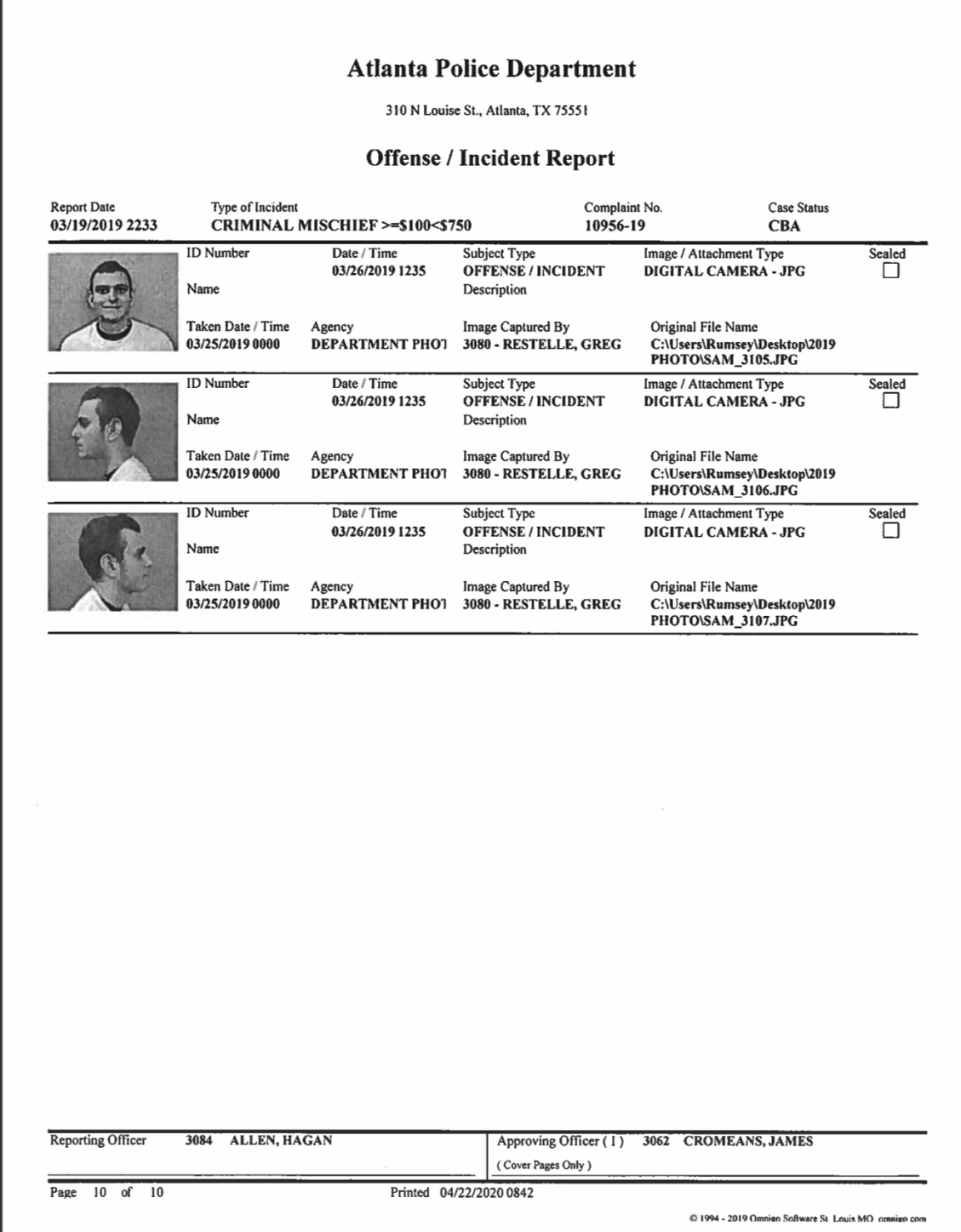 An Atlanta Police Department Offense / Incident Report for criminal mischief, featuring three mugshot photos of a young Caucasian male with a full head of dark hair.