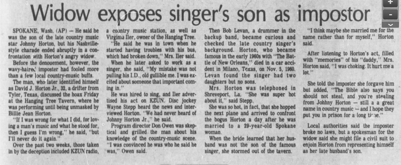 A newspaper clipping with the headline 'Widow exposes singer's son as impostor'. The article describes a man claiming to be the son of country singer Johnny Horton being exposed as a fraud in Spokane, Washington.