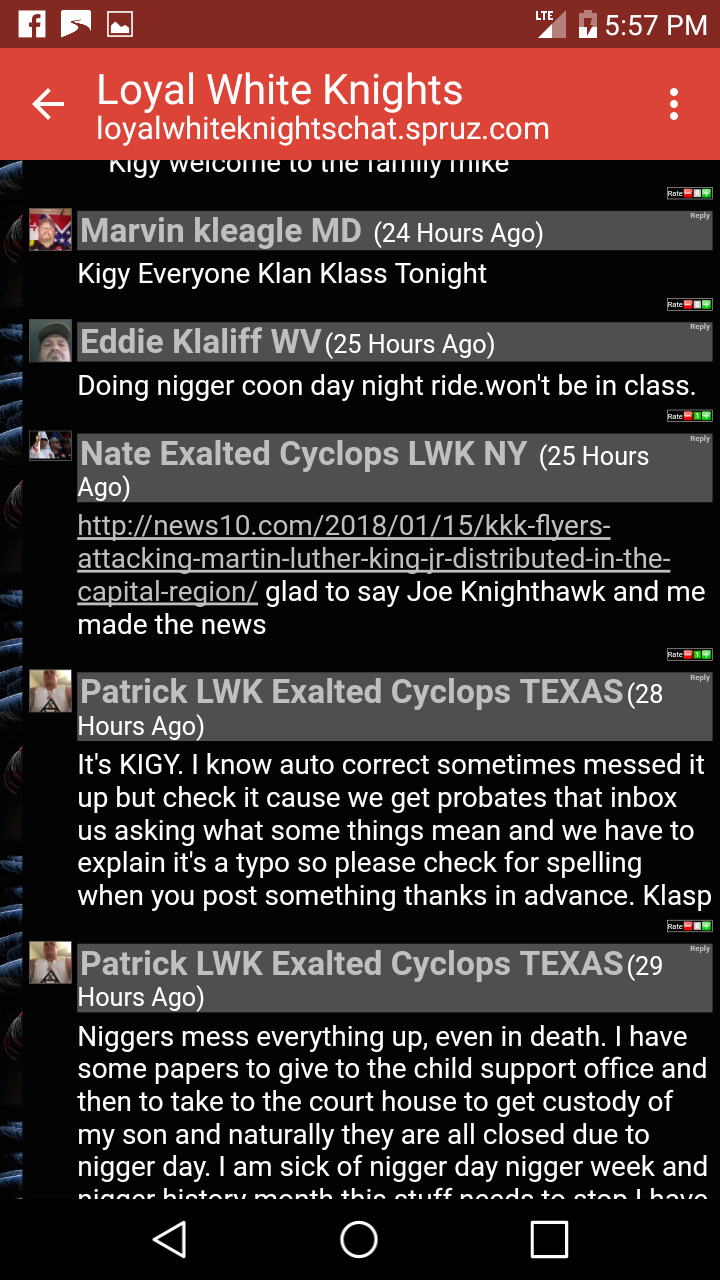 A mobile screenshot of a chat forum titled 'Loyal White Knights' on the website loyalwhiteknightschat.spruz.com. The screen shows several messages from users with KKK-related titles like 'Kleagle' and 'Exalted Cyclops', containing white supremacist rhetoric and racial slurs. One user is named 'Nate Exalted Cyclops LWK NY'.