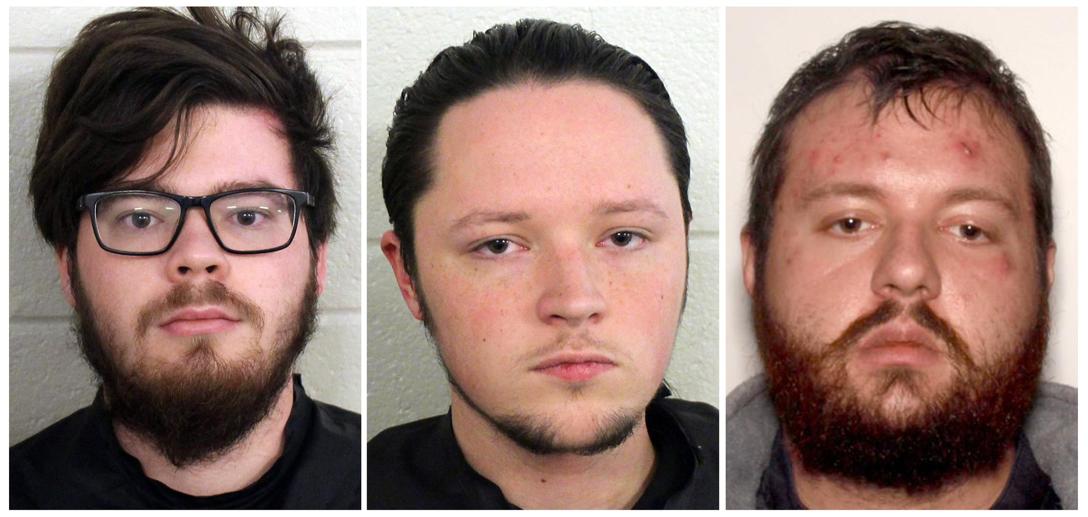 A composite of three mugshots showing three different Caucasian men with dark hair and facial hair.
