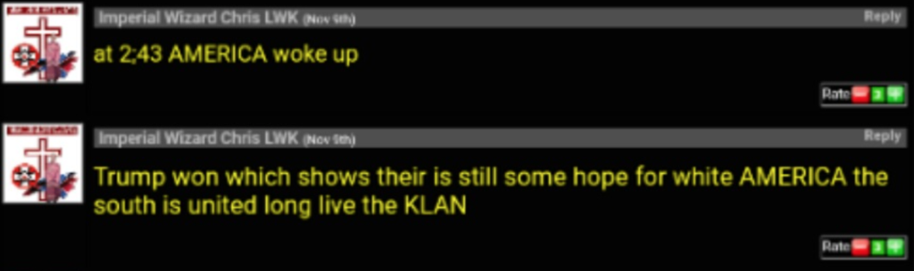 A screenshot of two online forum posts by 'Imperial Wizard Chris LWK' celebrating Donald Trump's election victory and expressing support for the KKK.
