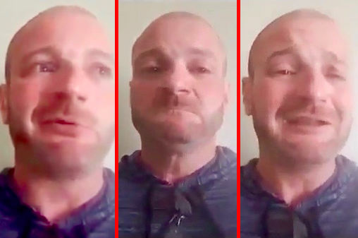 Three side-by-side frames of a bald Caucasian man with short facial hair appearing distressed and crying.