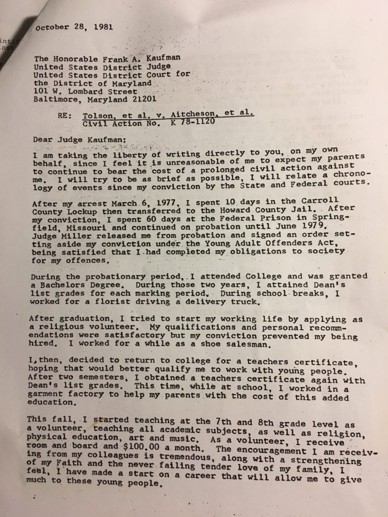 A photograph of a typewritten letter dated October 28, 1981, addressed to Judge Frank A. Kaufman regarding the case Tolson v. Aitcheson. The letter details the author's personal history following a 1977 conviction.