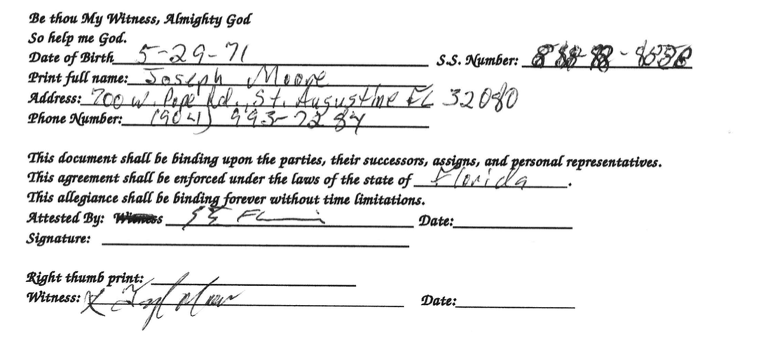 A scanned document featuring a handwritten form for Joseph Moore, including his date of birth, address in St. Augustine, Florida, and phone number. The document includes a religious oath 'Be thou My Witness, Almighty God' and mentions it is binding under Florida law.