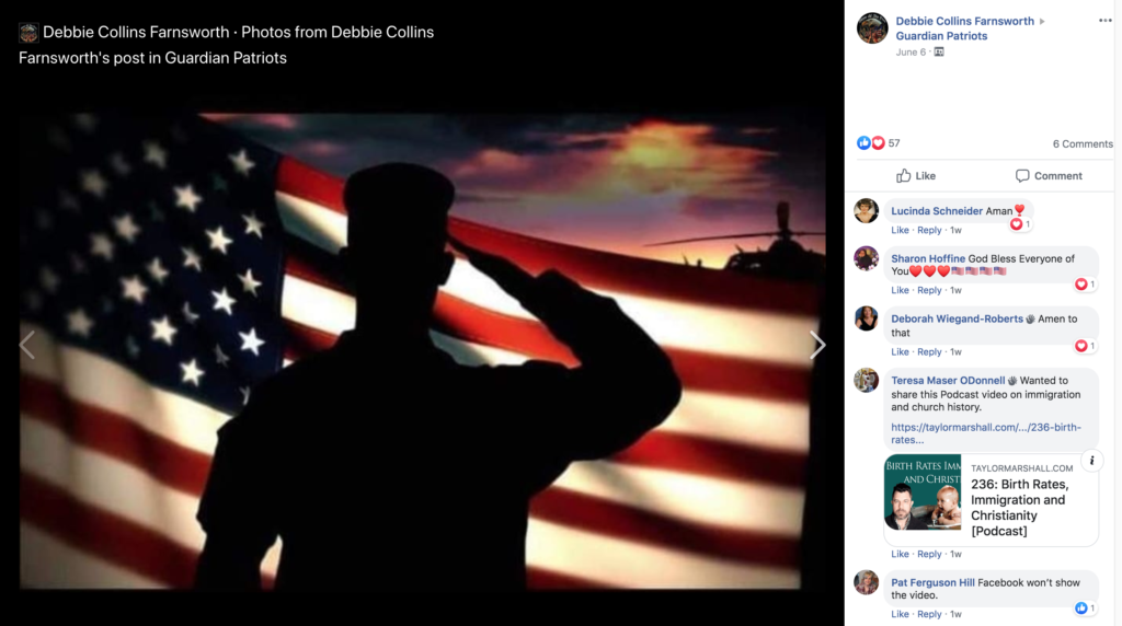 A screenshot of a Facebook post from the group Guardian Patriots, showing a silhouette of a soldier saluting in front of an American flag and a sunset. Comments and reactions are visible on the right side.