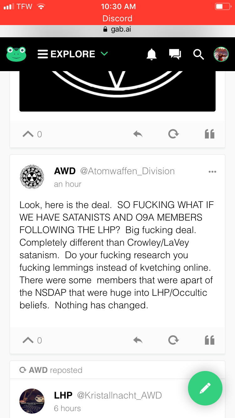 A screenshot of a Gab.ai social media post from the account @Atomwaffen_Division. The post aggressively defends the inclusion of Satanists and O9A members within their group, citing historical occultism in the NSDAP.
