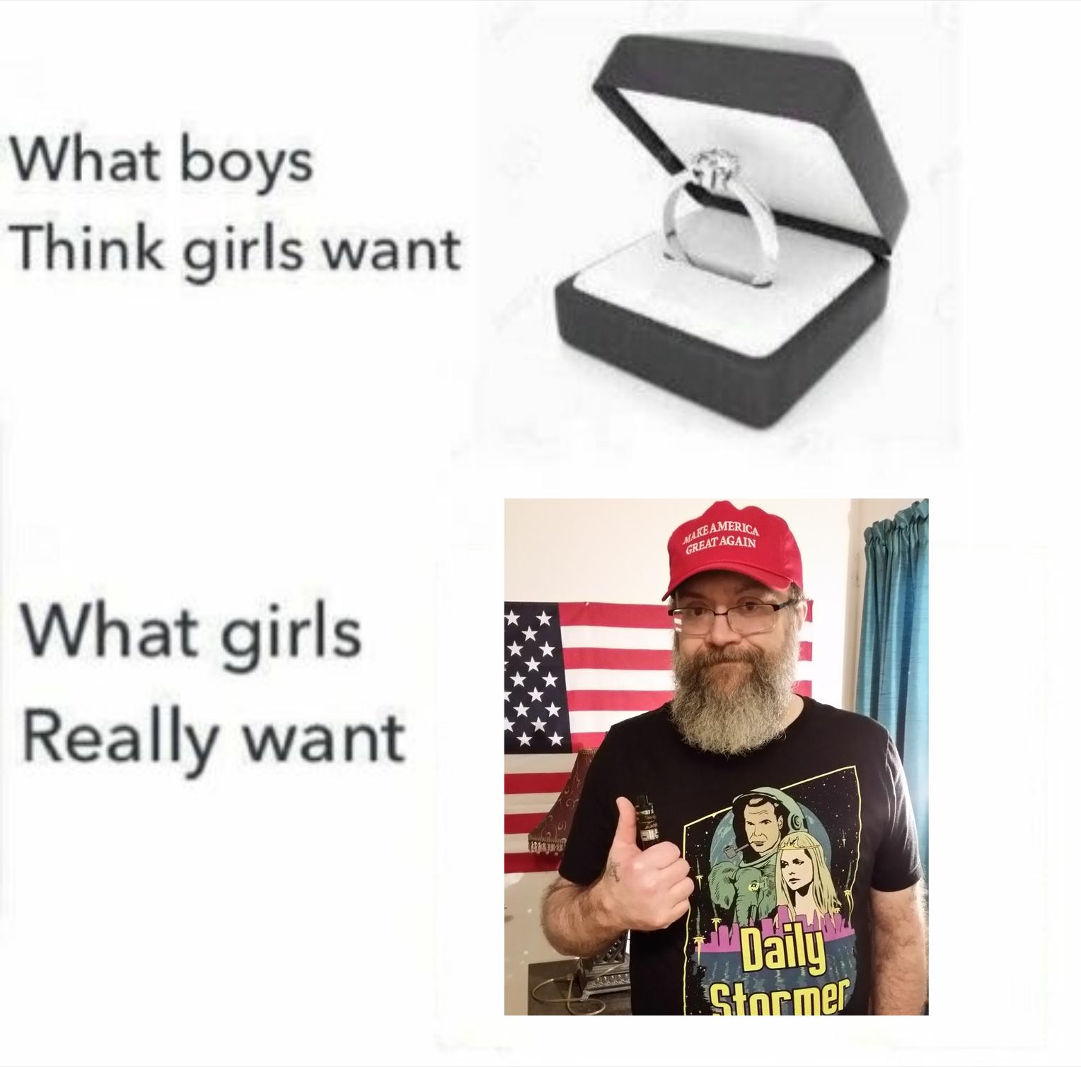 A two-panel meme. The top panel shows a diamond ring with the text 'What boys Think girls want'. The bottom panel shows a man in a MAGA hat and a 'Daily Stormer' t-shirt with the text 'What girls Really want'.