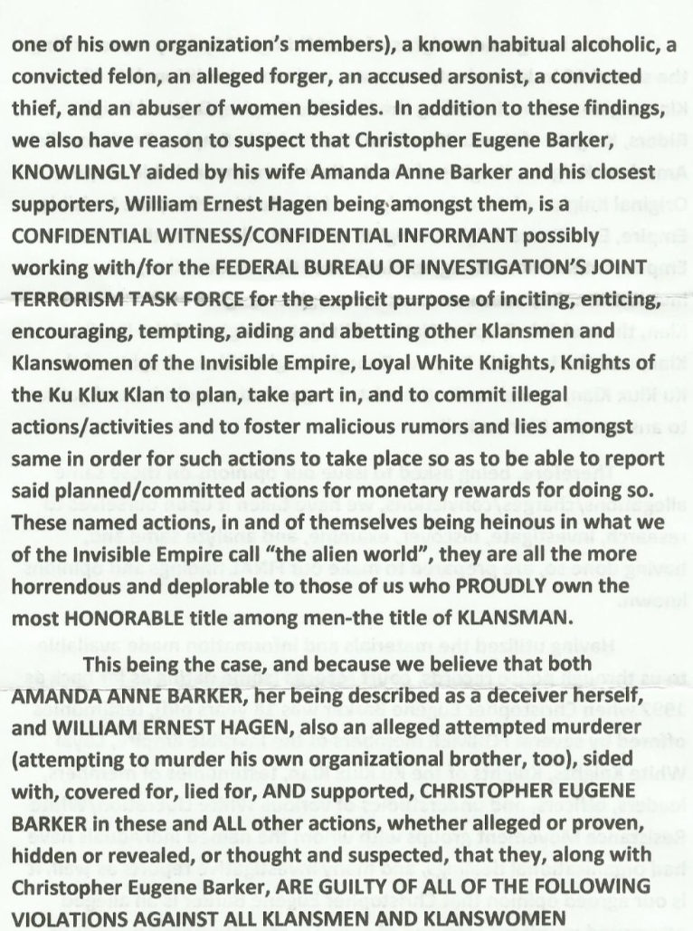 A photograph of a printed document containing text about internal KKK accusations, specifically mentioning Christopher Eugene Barker, Amanda Anne Barker, and William Ernest Hagen.