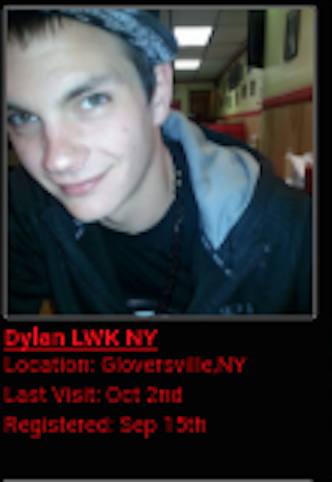 A screenshot of a profile for 'Dylan LWK NY' from Gloversville, NY, featuring a photo of a young Caucasian man with dark hair wearing a hoodie and a cap.
