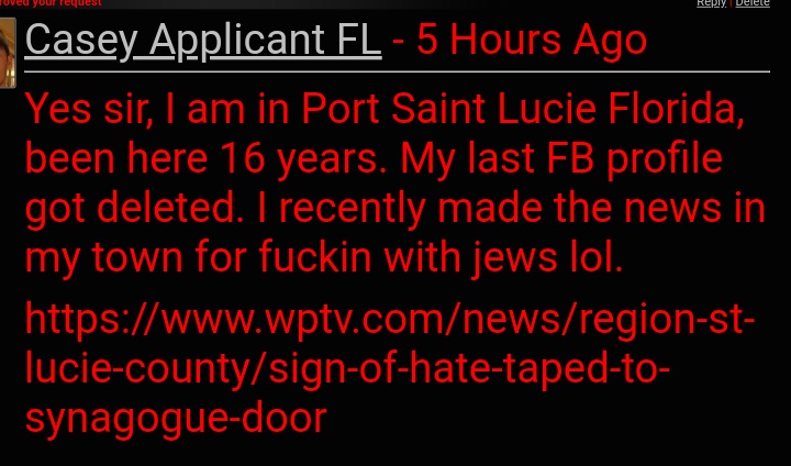 A screenshot of a digital message with red text on a black background from a user named 'Casey Applicant FL'. The text mentions being in Port Saint Lucie, Florida, and references a news article about a hate incident at a synagogue.
