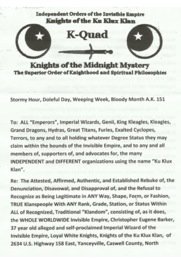 A document titled 'Independent Orders of the Invisible Empire Knights of the Ku Klux Klan' featuring KKK logos and text addressing various ranks within the organization. It mentions a rebuke of Christopher Eugene Barker and the Loyal White Knights.