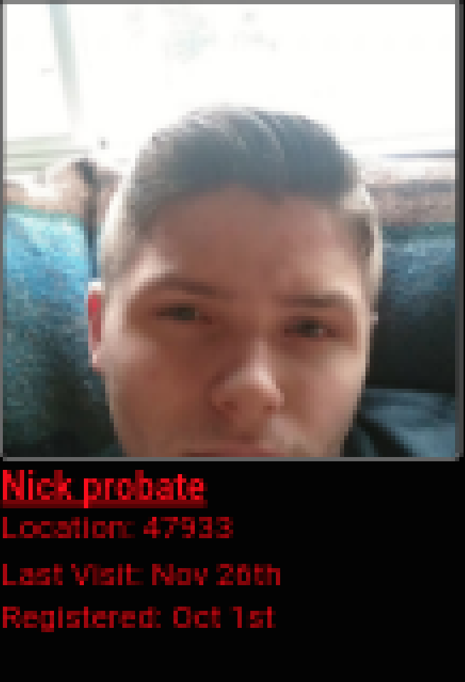 A low-resolution screenshot showing a profile of a young Caucasian man with short brown hair. Below the photo, red text on a black background reads 'Nick probate', 'Location: 47933', 'Last Visit: Nov 26th', and 'Registered: Oct 1st'.