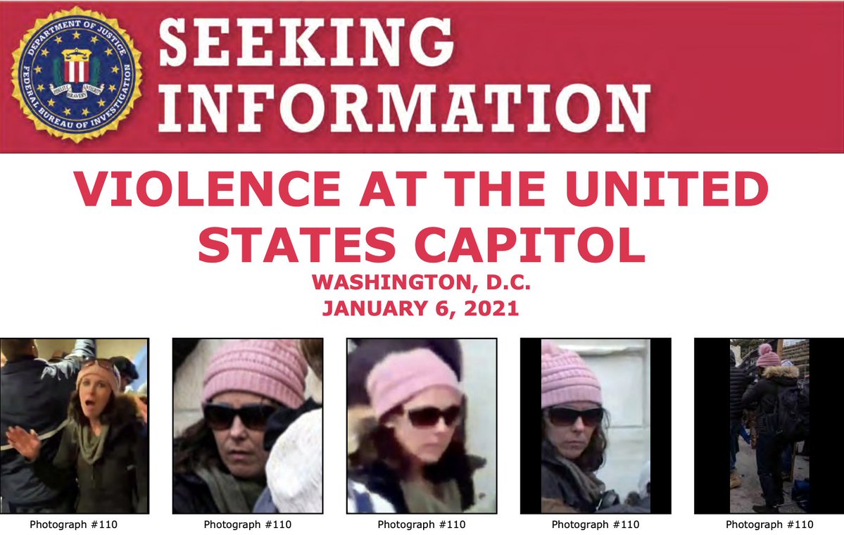 An FBI 'Seeking Information' poster regarding violence at the United States Capitol on January 6, 2021. The poster features five different angles of a woman wearing a pink beanie and sunglasses, identified as Photograph #110.