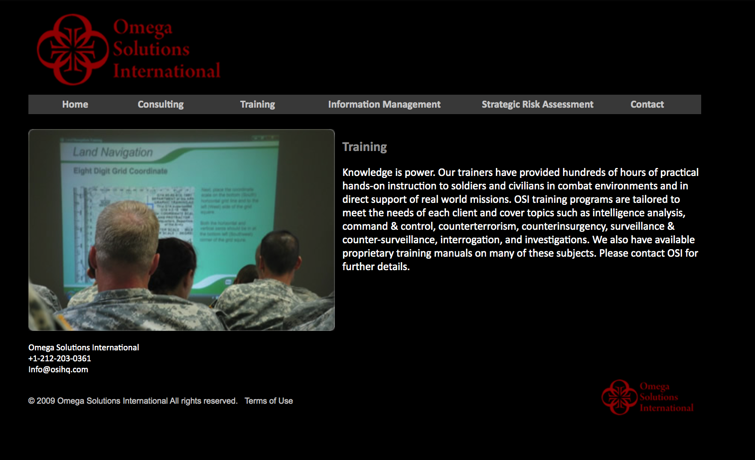 A screenshot of the Omega Solutions International website's training page, featuring a photograph of soldiers in a classroom viewing a presentation on Land Navigation.