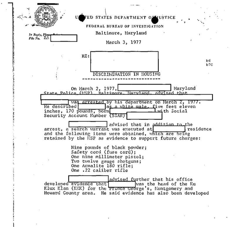 A scanned FBI memorandum from Baltimore, Maryland, dated March 3, 1977, regarding an arrest and search warrant execution. The document lists seized weapons and explosives and identifies the subject as a leader of the Ku Klux Klan (KKK) in several Maryland counties.