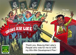 A political cartoon depicting Cambodian Prime Minister Hun Sen driving a red bulldozer that is pushing a boat labeled 'BOEUNG KAK LAKE' filled with protesting residents. The residents are shouting and holding up portraits, while a speech bubble from Hun Sen ironically thanks them for their votes to fulfill his 'Win-Win Development Plan'.