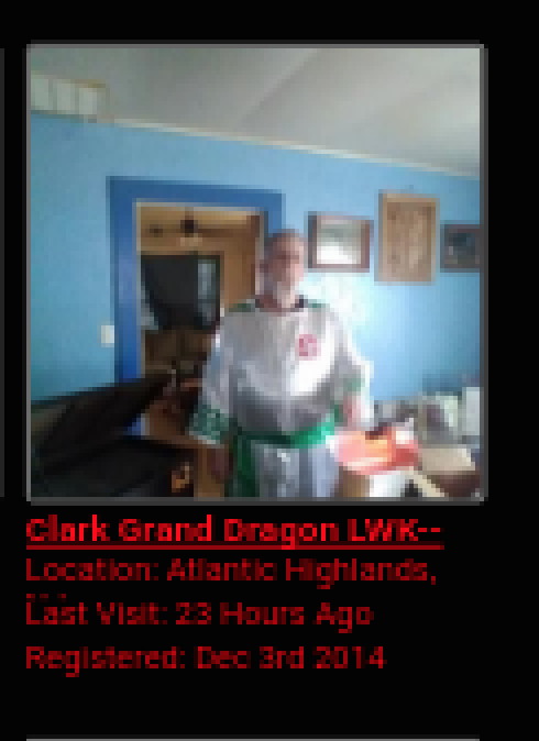 A low-resolution screenshot of a profile for 'Clark Grand Dragon LWK' from Atlantic Highlands. The profile photo shows a man in white KKK robes with green trim and a red patch. Red text below the image provides registration and activity details.