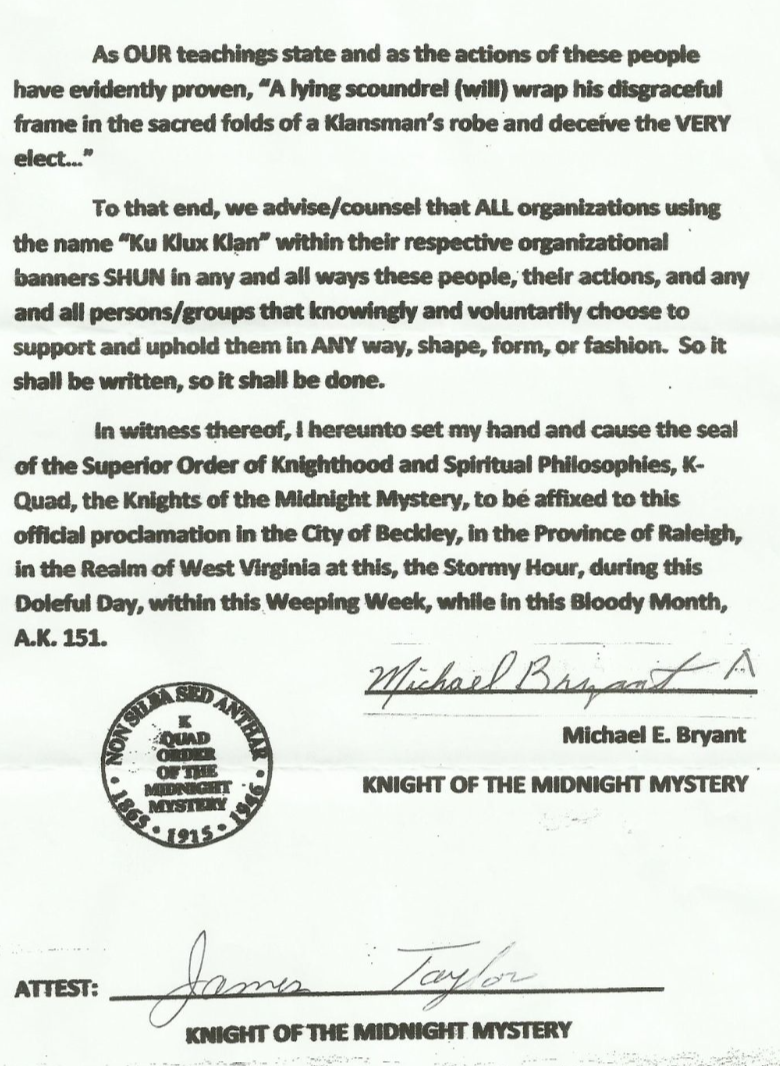 A printed document from the 'Superior Order of Knighthood and Spiritual Philosophies, K-Quad, the Knights of the Midnight Mystery' regarding the shunning of certain groups using the Ku Klux Klan name. It is signed by Michael E. Bryant and James Taylor in Beckley, West Virginia.
