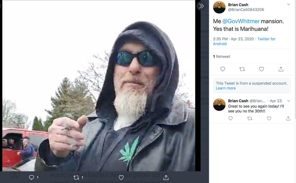 A screenshot of a Twitter post by Brian Cash featuring a man with a long white goatee, sunglasses, and a hoodie holding a joint. The tweet mentions Governor Whitmer's mansion.