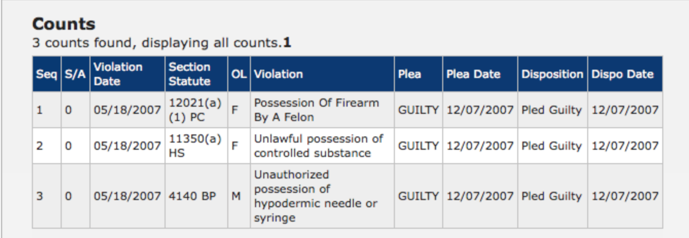 A screenshot of a table titled 'Counts' showing three criminal charges from 2007, including possession of a firearm by a felon and drug-related offenses.