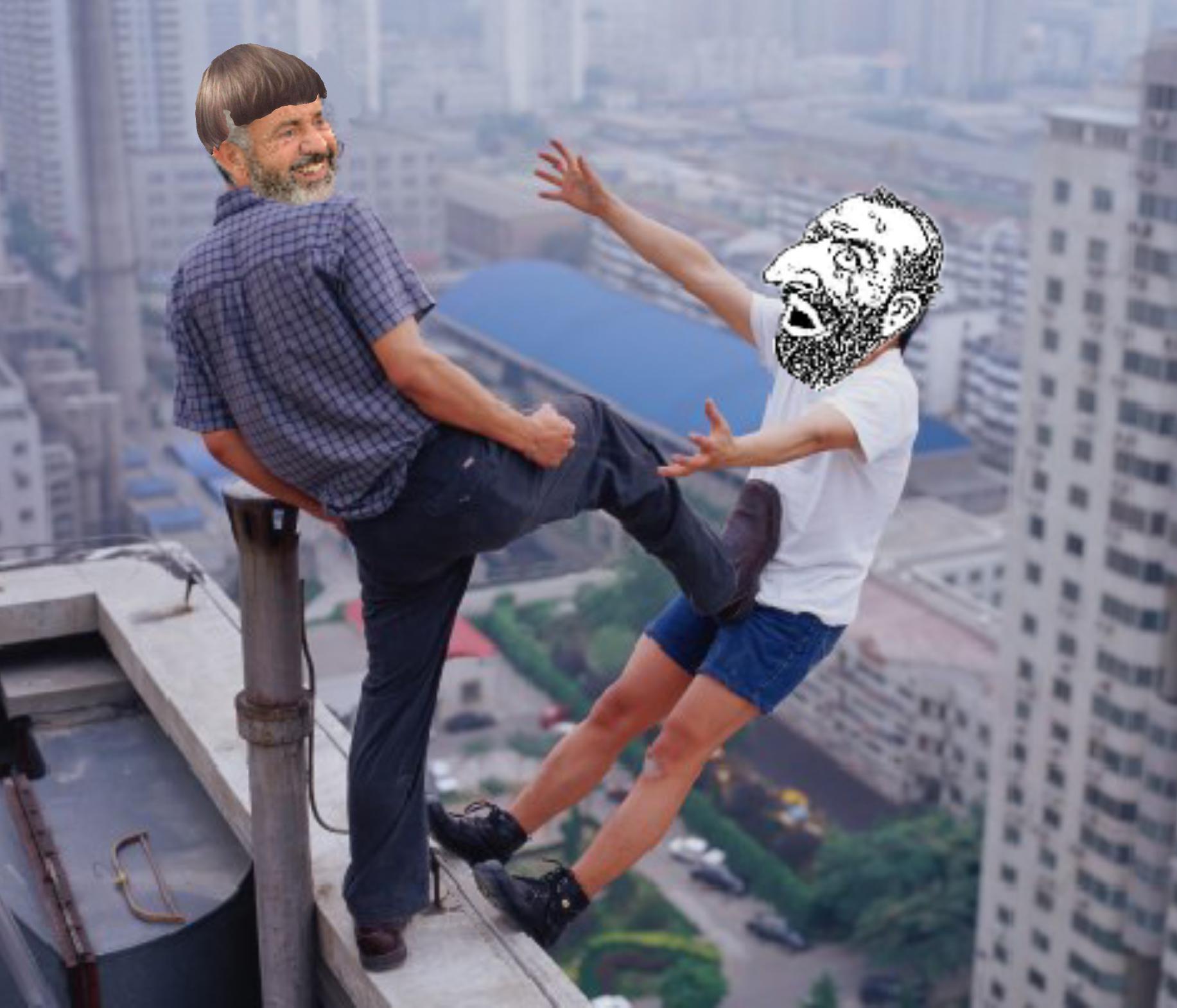 A digitally manipulated image on a rooftop where a man with a bowl cut and beard is kicking another person, whose head has been replaced with an antisemitic caricature, off the edge of the building.