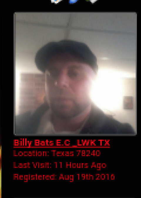 A screenshot of a digital profile for a user named Billy Bats E.C _LWK TX, featuring a low-resolution selfie of a man in a dark cap and red text detailing his location in Texas and registration date.