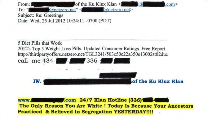 A screenshot of an email from a Ku Klux Klan member, featuring a signature from an 'Imperial Wizard', a 24/7 Klan hotline, and a highlighted racist slogan about segregation.