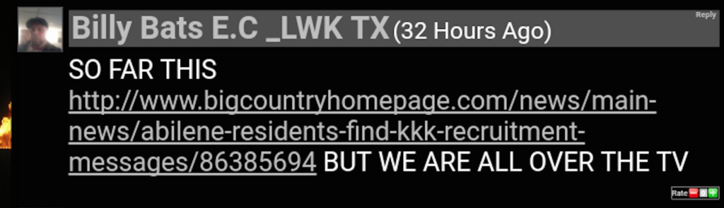 A screenshot of an online comment by a user named 'Billy Bats E.C _LWK TX' containing a link to a news article about KKK recruitment and the text 'SO FAR THIS... BUT WE ARE ALL OVER THE TV'.