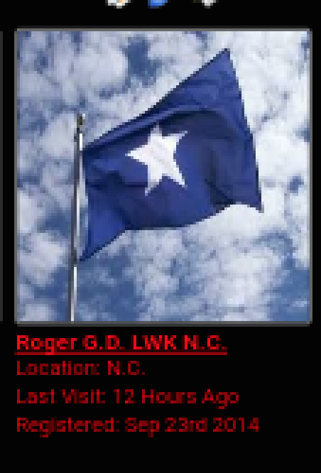 A screenshot of a user profile for 'Roger G.D. LWK N.C.' featuring a Bonnie Blue flag (blue with a single white star) against a cloudy sky. The text below indicates the user is from North Carolina and registered in September 2014.
