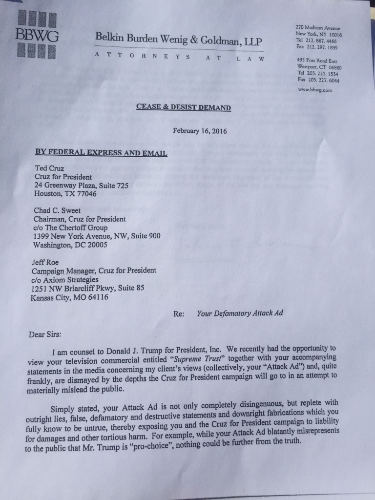 Trump's letter threatening to sure opponent Ted Cruz