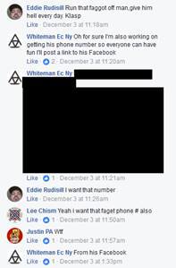 A screenshot of a Facebook comment thread where users are discussing doxxing an individual, using hateful language and slurs. A large black box redacts a significant portion of the image.