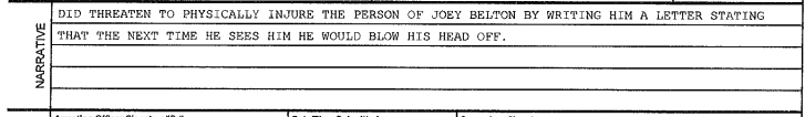 A scanned snippet of a legal document narrative describing a threat made to Joey Belton.