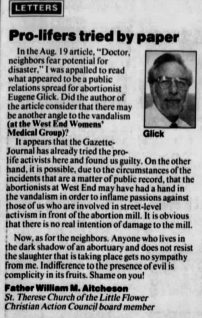 A newspaper clipping of a letter to the editor titled 'Pro-lifers tried by paper' written by Father William M. Aitcheson. It includes a small portrait of a man labeled 'Glick' who has hair, glasses, and a beard.