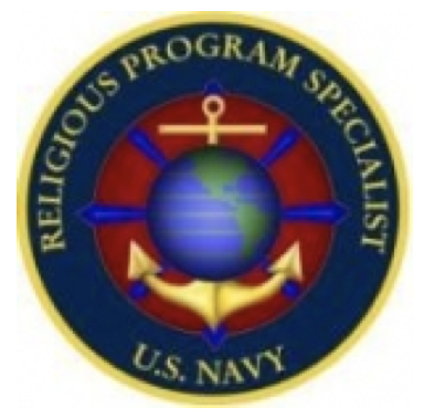 A circular insignia for the U.S. Navy Religious Program Specialist, featuring a globe, an anchor, and a compass rose on a blue and red background.