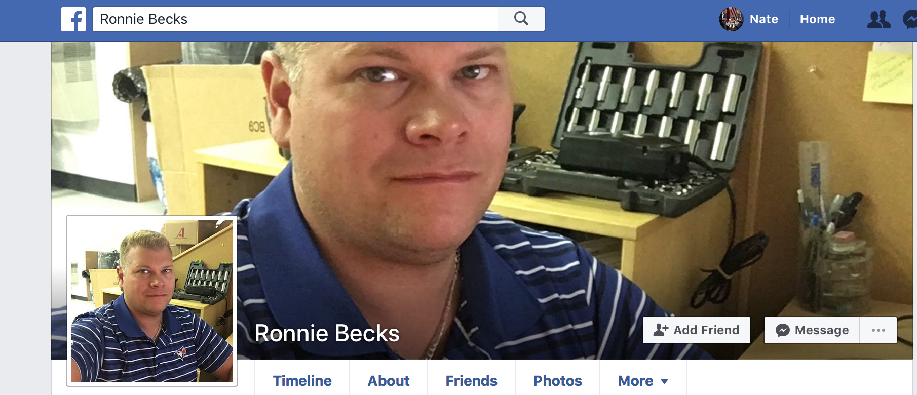A screenshot of a Facebook profile for Ronnie Becks, featuring a Caucasian man with short blonde hair wearing a blue striped polo shirt. A toolkit is visible in the background of the profile and cover photos.