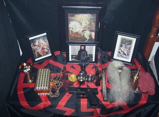 An alter in Sutter's South Carolina home devoted to the Hindu temple New Bahir Mindar which worships an apocalyptic Hindu Deity, Kali, the Goddess of Death