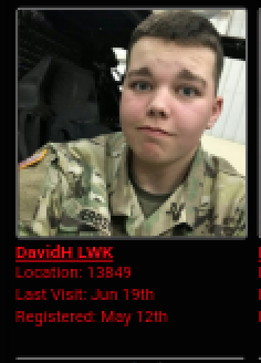 A screenshot of a profile for 'DavidH LWK' featuring a photo of a young Caucasian male with short brown hair wearing a military camouflage uniform.
