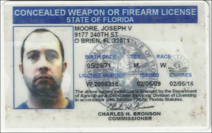 A Florida Concealed Weapon or Firearm License for Joseph V. Moore, featuring a portrait photo of a man with short dark hair and a beard, along with personal details and the state seal.