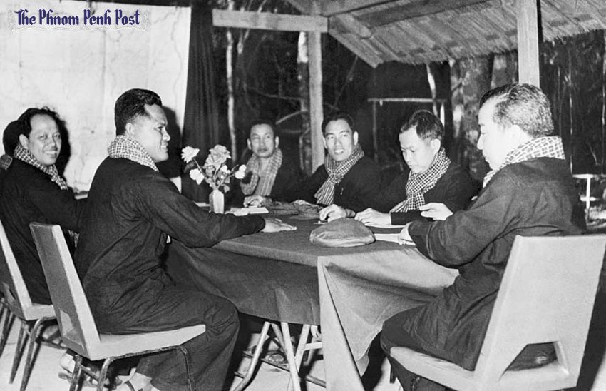 Khmer Rouge leaders (including Pol Pot left center) at a photo op meeting presided over by Norodom Sihanouk in 1973