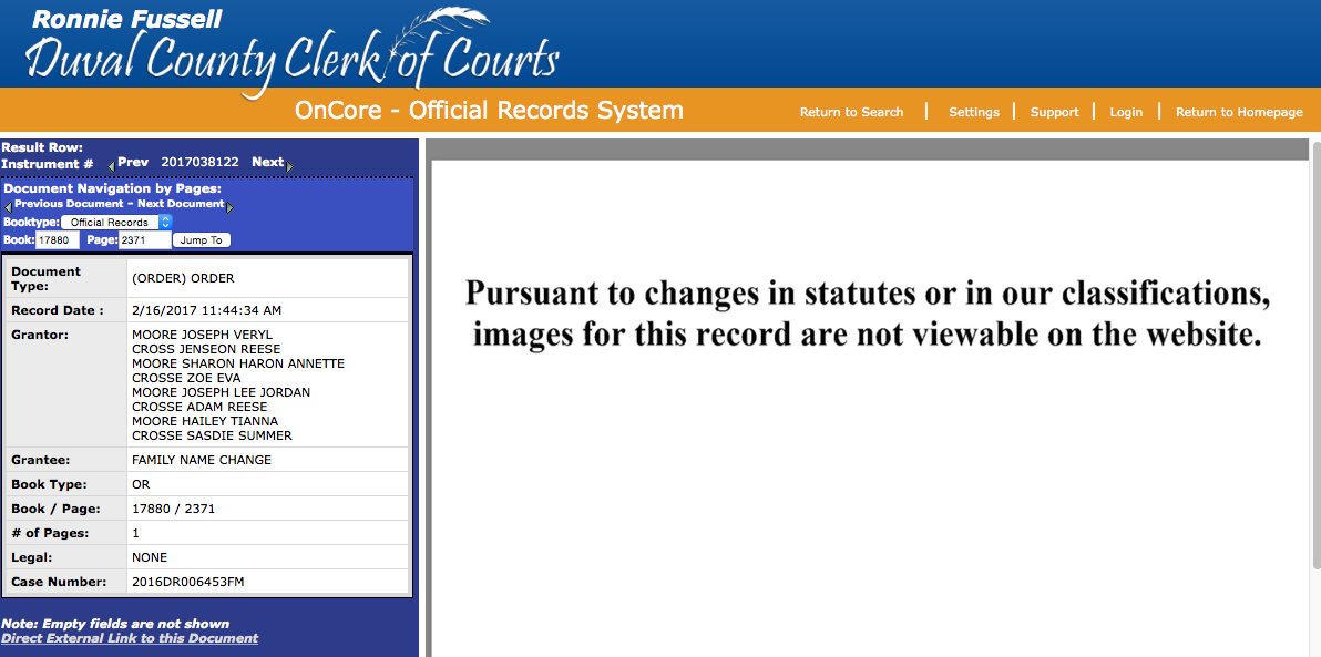 A screenshot of the Duval County Clerk of Courts website showing a record for a family name change involving Joseph Veryl Moore. The document image itself is not viewable due to statutory changes.
