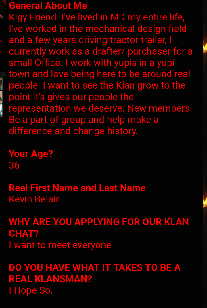 A screenshot of a KKK application form with red text on a black background. The applicant is identified as Kevin Belair, age 36, who expresses a desire to see the Klan grow and meet other members.