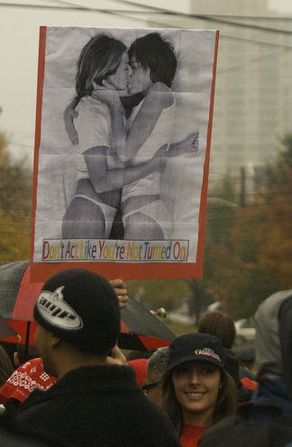 Sign at Westboro Baptist Church demonstration mocking the fringe group's hate message