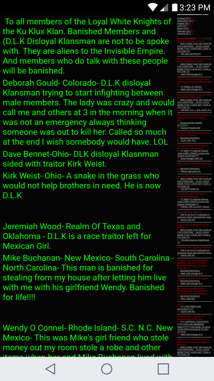 A mobile screenshot of a webpage listing banished members of the Loyal White Knights of the Ku Klux Klan. The text is green on a black background and names individuals like Deborah Gould, Dave Bennet, and others, citing reasons for their expulsion. A sidebar on the right contains links to archives and recent comments.