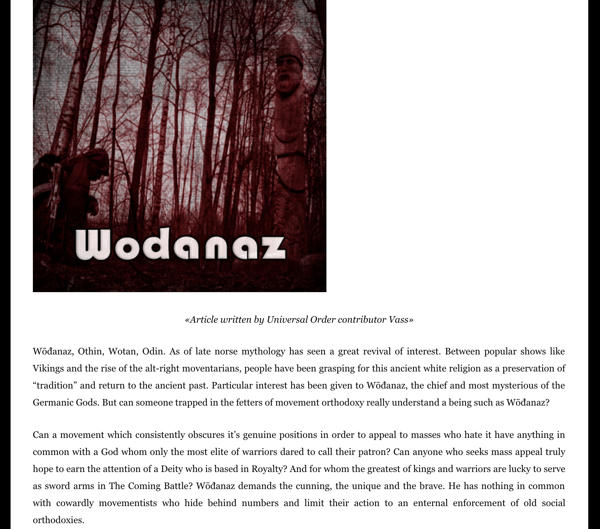 A screenshot of an article titled 'Wodanaz' featuring a dark, red-tinted image of a forest with a hooded figure and a wooden totem. The text below discusses Norse mythology in the context of the alt-right and 'ancient white religion'.