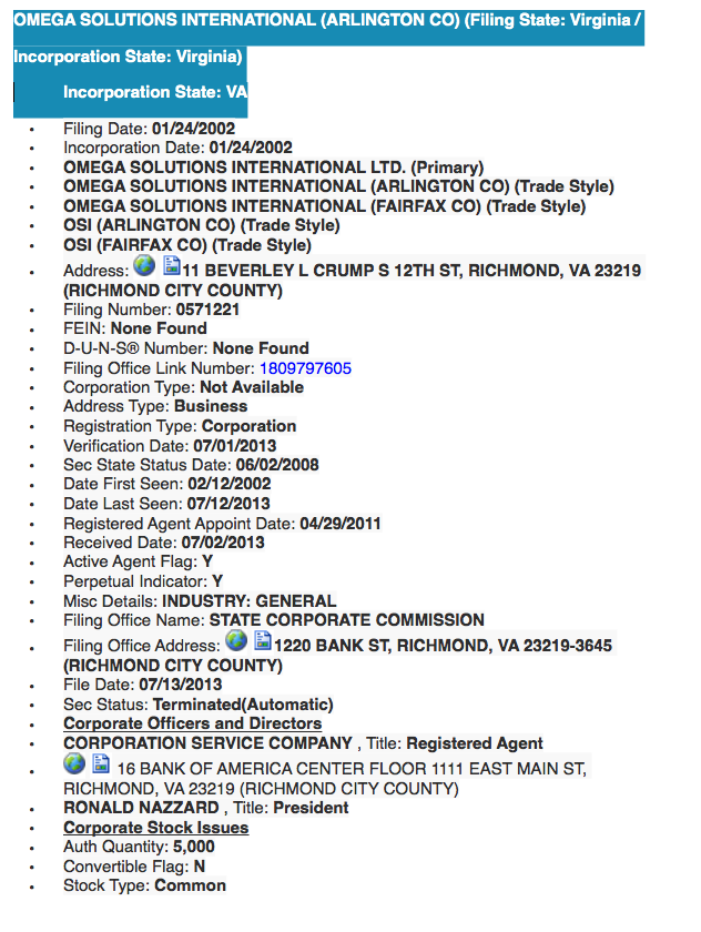 A screenshot of a corporate filing record for Omega Solutions International in Virginia, detailing registration dates, addresses, and listing Ronald Nazzard as President.