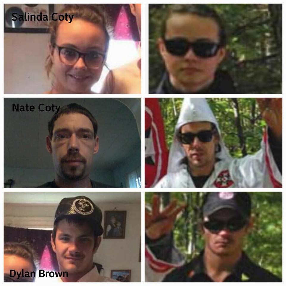 A collage of six photos identifying individuals allegedly associated with the KKK. Names listed include Salinda Coty, Nate Coty, and Dylan Brown. Some photos show individuals in KKK robes and hoods.