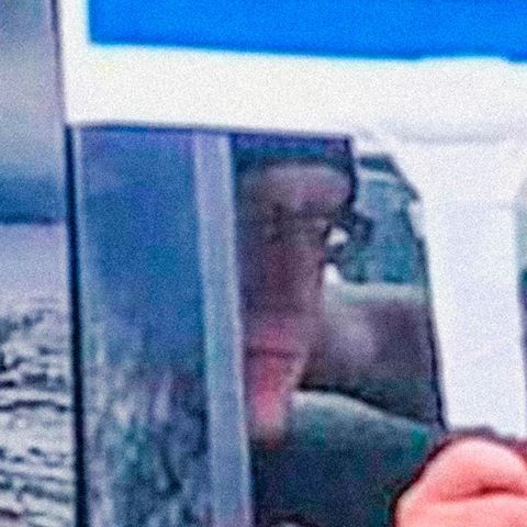 A very blurry, pixelated close-up of a person's face wearing glasses, appearing as a reflection or through a window.