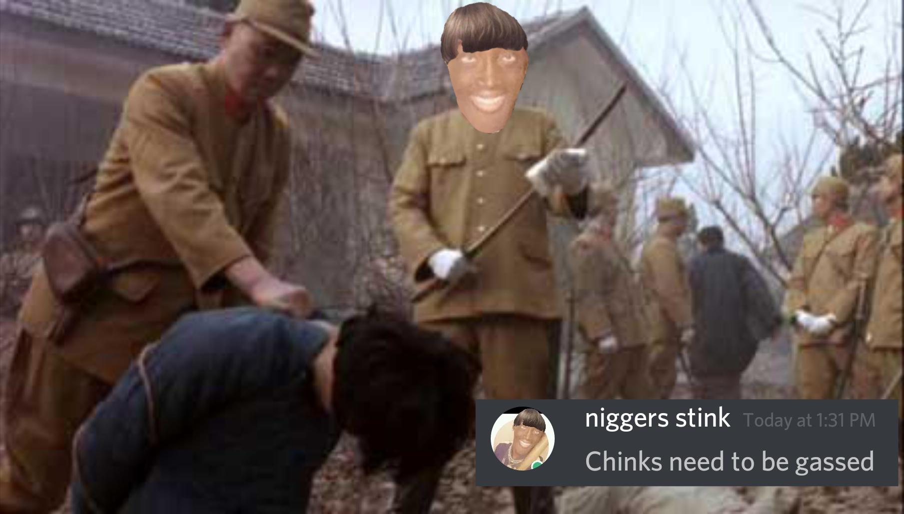A composite image featuring a historical scene of soldiers in tan uniforms, one holding a sword over a kneeling captive. A Discord message overlay contains a racial slur and hate speech. A face with a bowl cut is photoshopped onto one of the soldiers.